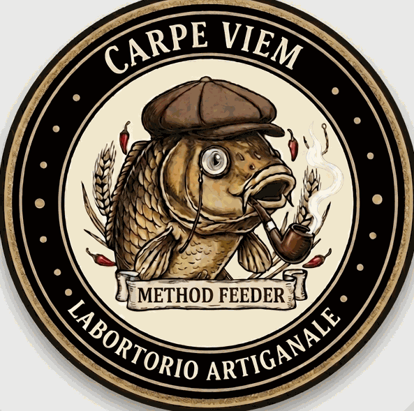 Marchio CarpeViemLab con carpa, coppola, monocolo e pipa